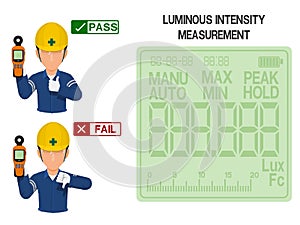 Worker is presenting resultpass and fail of Luminous intensity measurement.On the display screen of Lux meter can be assigned