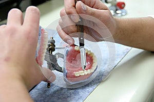 Worker producing fake teeth