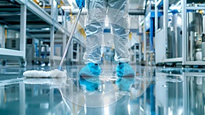 Worker in protective gear cleaning the floor of a high-tech facility. Cleanroom maintenance and hygiene. Focus on