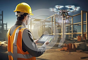 Worker in protective gear operating a drone on a construction site. Modern technology integration in construction management