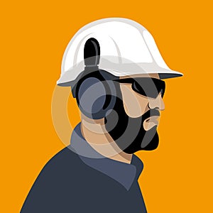 Worker in a protective helmet and glasses vector illustration flat