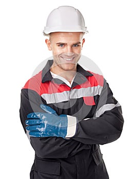 Worker with protective helmet and gloves