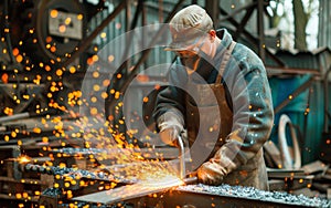 Worker in protective wear grinding metal with sparks flying in a workshop.