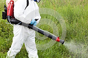 Worker in protective workwear spraying herbicide on ragweed. Hay fever concept. photo