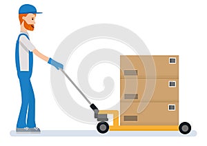 A worker is pulling the pallet truck on white background. Cartoon character person.