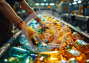 Worker putting empty plastic bottles on the conveyor belt for further processing