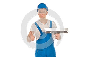 Worker with putty knife in hand