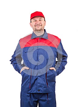 Worker in red-blue workwear.