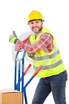 Worker in reflective clothes showing thumb up