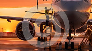 A Worker Refueling Airplane While Standing On Step Ladder. Generative Ai