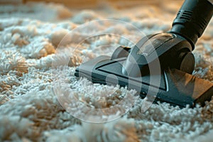 Worker removing dirt from carpet with vacuum cleaner indoors. Generative AI