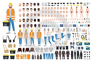 Worker or repairer DIY kit. Collection of male cartoon character body parts, facial expressions, gestures, clothes