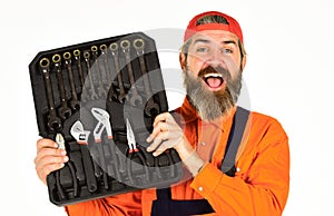 Worker repairer repairman handyman carrying toolbox. Really good tools. Handyman concept. Professional equipment