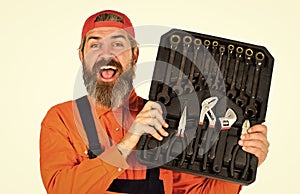 Worker repairer repairman handyman carrying toolbox. Really good tools. Handyman concept. Professional equipment