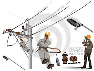 Worker repairing on electricity pole cartoon acting infographic