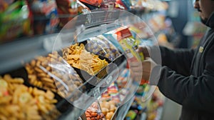 A worker replenishing the shelves of snacks and candy at a crowded concession stand making sure theres enough for photo