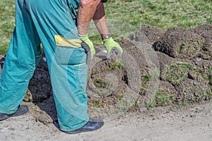 Worker with rolls of sod