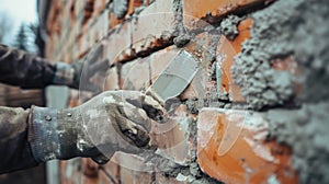 Close-up of a Worker's Hand Using a Trowel to Spread Mortar Between Bricks