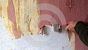 A worker`s hand with a scraper cleans the old wallpaper