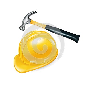 Worker's hard hat and hammer