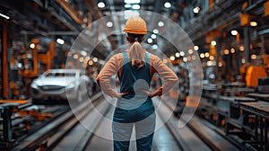 A worker in safety gear observes a bustling manufacturing environment