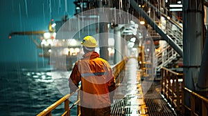 Worker in safety gear on oil rig at night under rain. Industrial, maritime occupation. Natural elements at work site