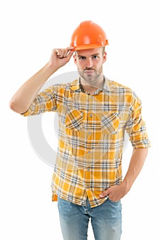 Worker safety and health. Worker isolated on white. Hard worker wear safety hat with confident look. Construction worker