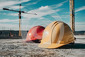 Worker safety helmets displayed on construction site. Blue sky signifies safety and preparedness.