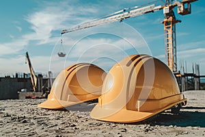 Worker safety helmets displayed on construction site. Blue sky signifies safety and preparedness.