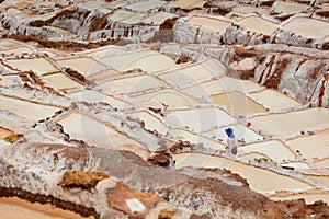 Worker in salt evaporation ponds. Maras. Sacred Valley. Cusco region. Peru