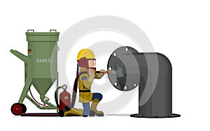 A worker is sand blasting on white background