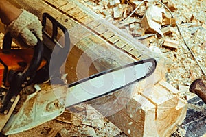 Worker sawing a chainsaw tree