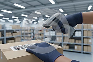 Worker scanning barcode on a box in a warehouse