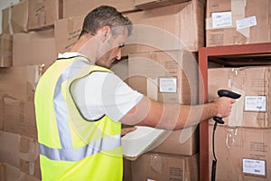 Worker scanning package in warehouse