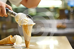 worker scooping ice cream into cone