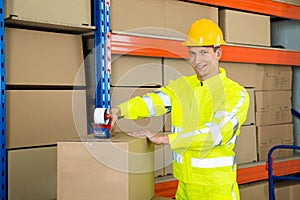 Worker Sealing Cardboard Box With Adhesive Tape