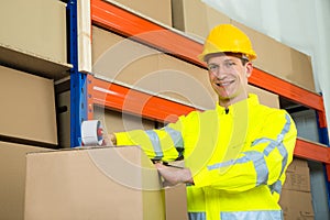 Worker Sealing Cardboard Box With Adhesive Tape