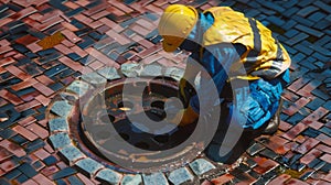A worker servicing the manhole.. AI generated