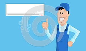 Worker set the air conditioner and show thumb up