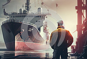 Worker at a ship repair plant for repairing a ship in a floating dry dock for refurbishment with sandblasting, port