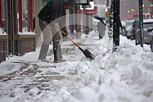 worker shoveling snow off a public sidewalk