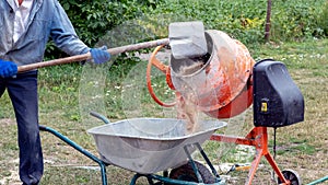 A worker shovels sand into a concrete mixer, preparing cement mortar