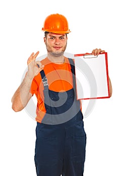 Worker showing blank clipboard