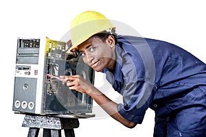 Worker, smiling, standing, workplace, looks, woman, young girl helmet yellow beautiful, beauty, gray, outdoors, background, ta