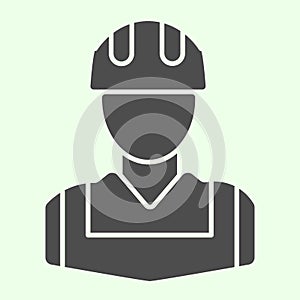 Worker solid icon. Construction man with jacket and hardhat helmet glyph style pictogram on white background. House