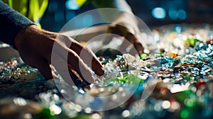 Worker sorting plastic waste by hand at recycling plant