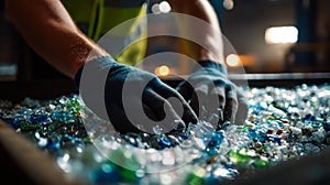 Worker sorting plastic waste by hand at recycling plant