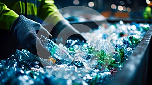 Worker sorting plastic waste by hand at recycling plant