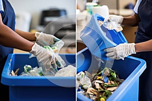 Worker sorting recyclables attentively in a blue bin, showcasing waste management efforts