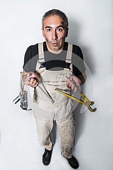 Worker specialist plumber, engineer or constructor on white background